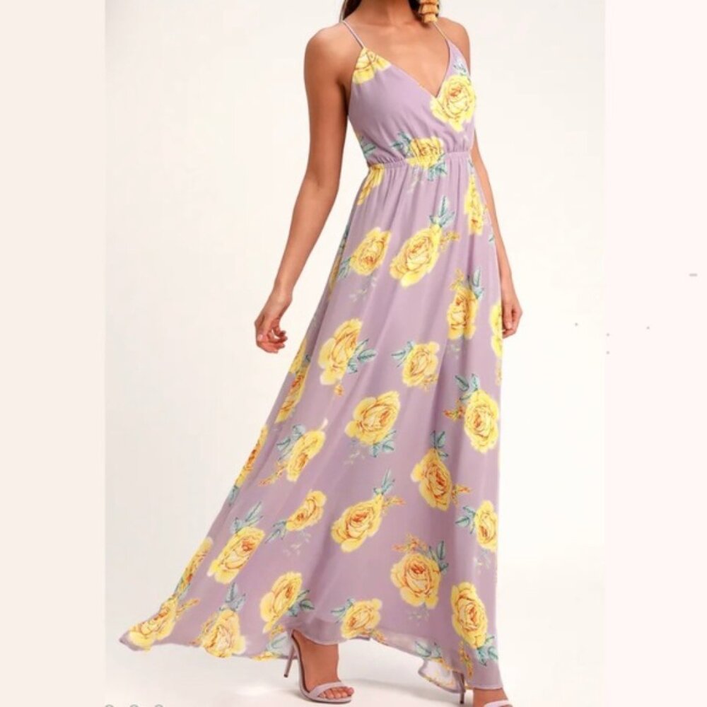 Lulus Kind & Loving Lavender Lined Chiffon Floral Almost Backless Maxi SzM - Picture 3 of 9